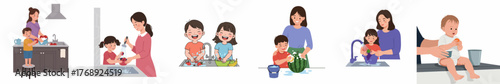 Detailed Cartoon Illustration Mother and Child Doing Activities at Home Set