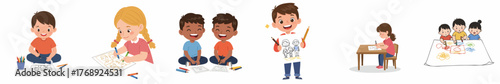 Cheerful Handdrawn Children Painting and Drawing Together in Various Poses Illustration
