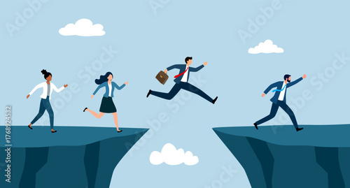 Businesspeople jumping over the chasm. Businessman lead team to overcome problem. Leadership.