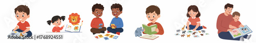 Cartoon Style Diverse Children Enjoying Reading and Educational Activities Illustration