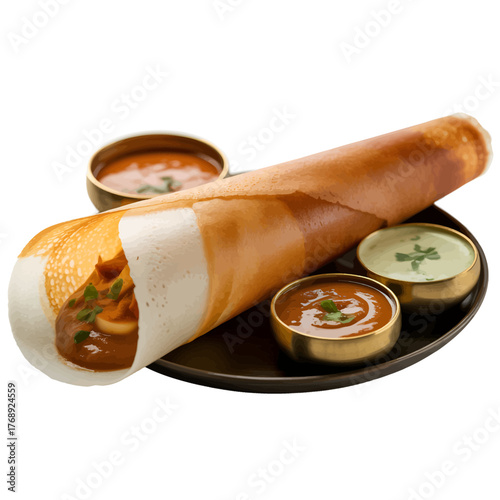 Crispy dosa with savory filling served with chutney a popular South Indian dish
