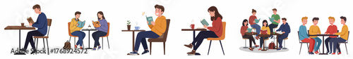 Colorful Flat Illustration of People Reading Book at Cafe Table