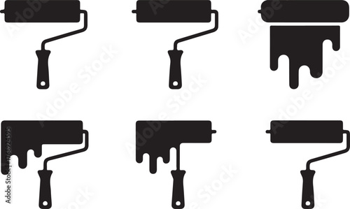 Paint Roller and Dripping Paint Black Silhouette Vector Icon Set