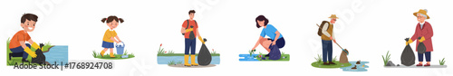 Cartoon Illustration Diverse People Participating in Cleanup Environment Activity
