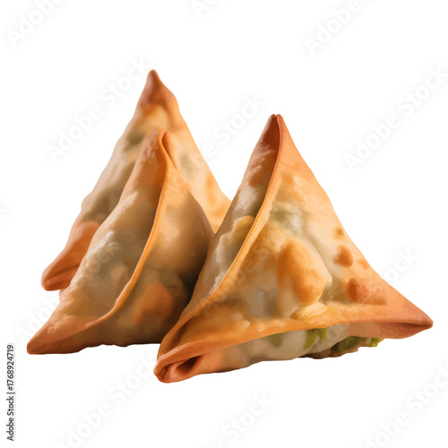 Crispy samosas a popular Indian snack isolated on white background perfect for restaurant menus and food blogs