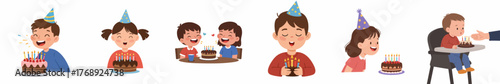 Cartoonish Cheerful Children Celebrating Birthday Party with Cake and Candle