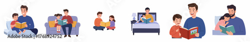 Flat Design Father Reading Book with Kids in Different Situation Illustration