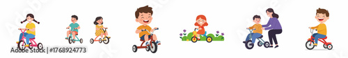 Colorful Illustration Kids Playing Tricycle in Outdoor with Parent Illustration