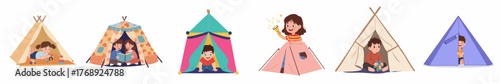 Cute Cartoon Kids Playing in Different Style Teepee Tent Illustration
