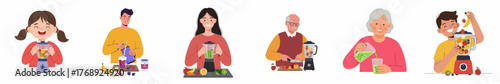 Colorful Illustration Diverse People Making Healthy Smoothies Nutrition Concept