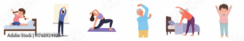 Set of Flat Cartoon Characters Doing Morning Exercise and Stretch Routine
