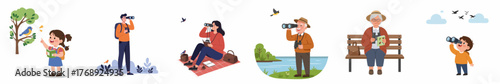 Cartoon Diverse People Birdwatching Using Binoculars in Nature and Urban Landscape