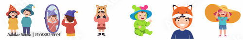 Cartoon Illustration of Children Wearing Funny Headwear Costume Collection Set