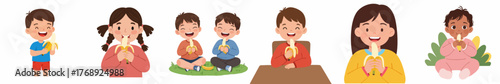 Cheerful Cartoon People Enjoying Fresh Banana Fruit Snack Collection Illustration
