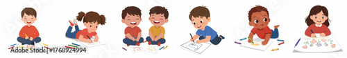 Cartoon Style Illustration of Cheerful Diverse Children Drawing Together on Paper