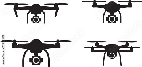 Professional Camera Drone Black Silhouette Vector Icon Set