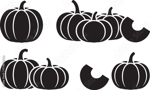 Pumpkin Vegetable Whole and Sliced Black Silhouette Vector Set