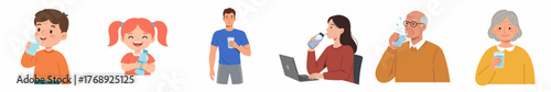 Simple Flat Illustration of Diverse People Drinking Water for Hydration