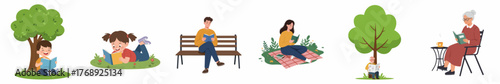 Flat Illustration People Reading Books in Nature Landscape Illustration Set