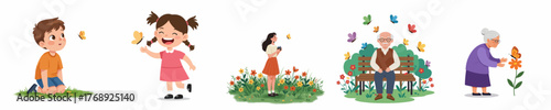 Colorful Illustration Different Generations Interacting with Butterflies Scene Collection
