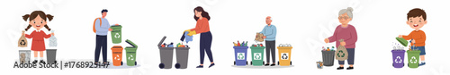 Flat Style Various People Segregating Waste Into Different Recycle Bin