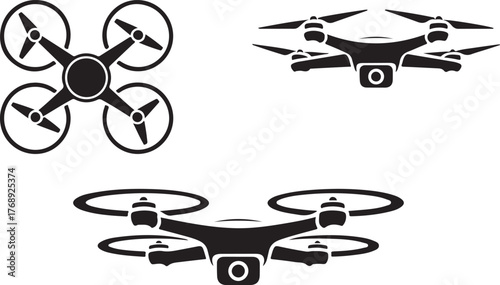 Quadcopter Camera Drone Black Silhouette Vector Icon Set
