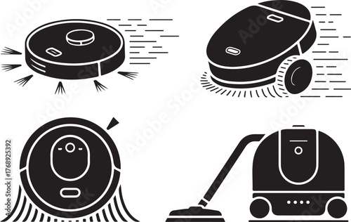 Robotic and Canister Vacuum Cleaner Black Silhouette Vector Set