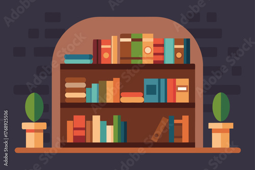 Cozy library with wooden shelves background illustration