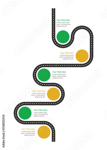 Business roadmap journey infographic design with 6 steps
