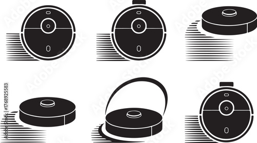 Robotic Vacuum Cleaner Black Silhouette with Cleaning Effect Vector Set