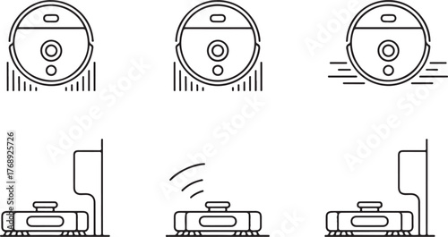 Robotic Vacuum Cleaner Outline Icon Set with Cleaning and Docking