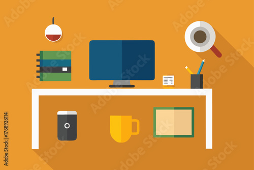 Minimal Office Wood Desk Flat Lay Background Illustration