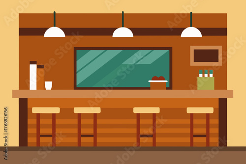 Modern Cafe with Wood Counter and Wall Illustration