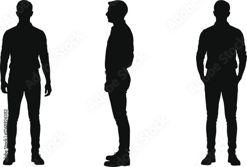 Flat vector illustration, human silhouette front side back view, posture reference, fashion design, character modeling, black outline, standing pose