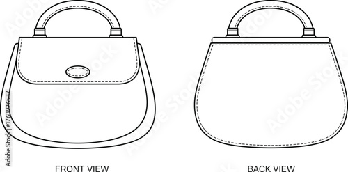 Handbag front and back technical sketch, fashion accessory template, flat vector illustration, detailed construction view, isolated on white background
