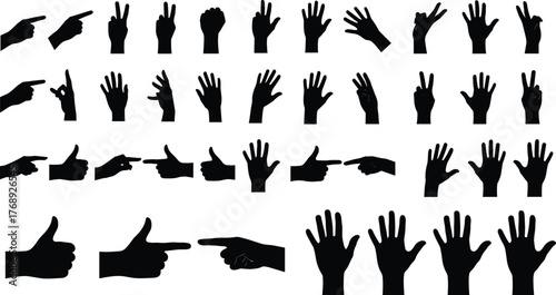 Hand gesture silhouette set, peace sign, pointing finger, thumbs up, open palm, black vector icons, communication symbols, isolated collection