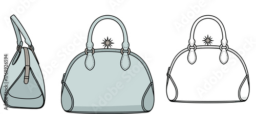 Handbag, purse, fashion accessory, stylish tote, vector sketch, technical drawing, outline view, front profile, side profile, flat vector illustration