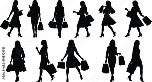 Shopping woman silhouette set, fashion pose, retail bags, stylish female shopper, black vector icons, lifestyle, elegance, isolated collection