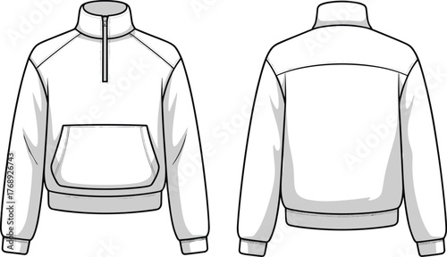 Pullover, sweatshirt, fashion, apparel, garment, hoodie, zipper, collar, raglan, pocket, cuffs, hem, yoke, casual, clothing, technical, illustration, front, back, design