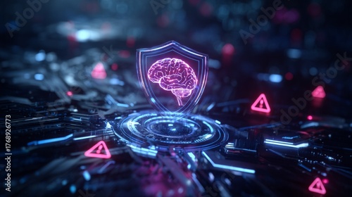 A brain is shown in a computer screen with a red and blue shield surrounding it