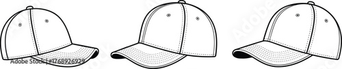 Baseball cap, sports hat, vector sketch, technical drawing, side view, front view, outline style, fashion accessory, flat vector illustration