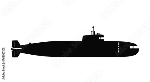 A stark black silhouette of a modern submarine on a clean white background representing naval power and underwater exploration silhouette