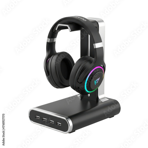 Headphones on stand with usb ports and rgb light isolated illustration on transparent background
