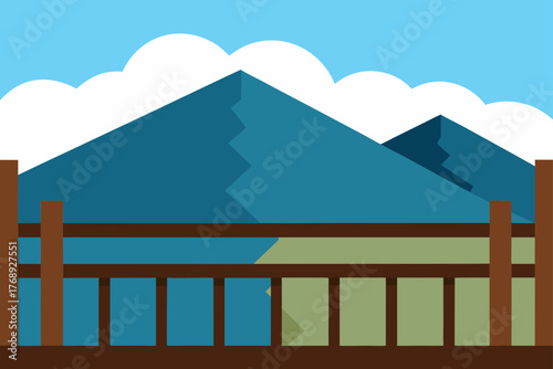 Wooden Balcony Railing Mountain View Background Illustration