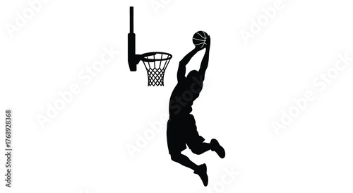Dynamic silhouette of a basketball player in mid air performing a powerful slam dunk over the hoop silhouette