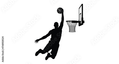 Dynamic basketball player in mid air performing a powerful slam dunk against a white background silhouette