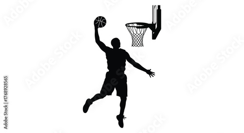 Dynamic basketball player in mid air executing a powerful slam dunk against a white background silhouette