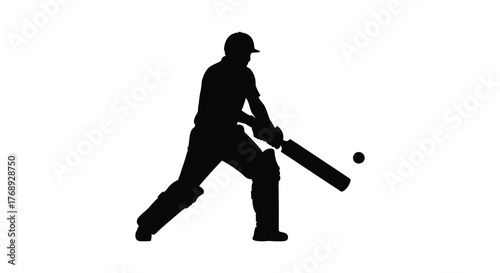 Dynamic silhouette of a cricket batsman in action hitting a ball with a bat on a white background