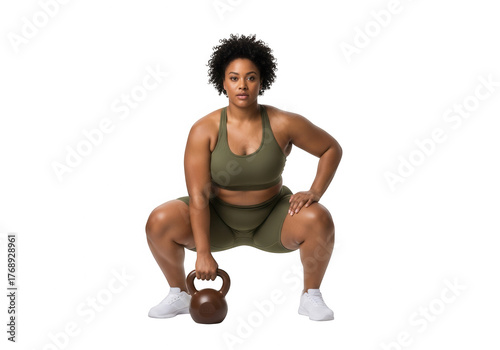 Strong African woman doing kettlebell squats isolated on transparent background in activewear for fitness