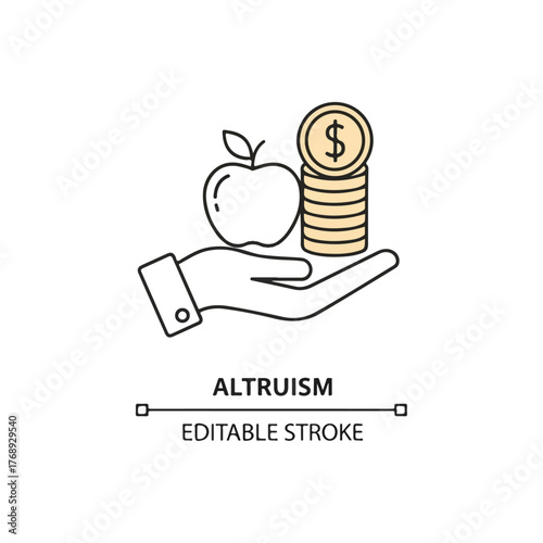 Altruism concept illustration showing a hand offering an apple and stack of coins symbolizing generosity and selfless help